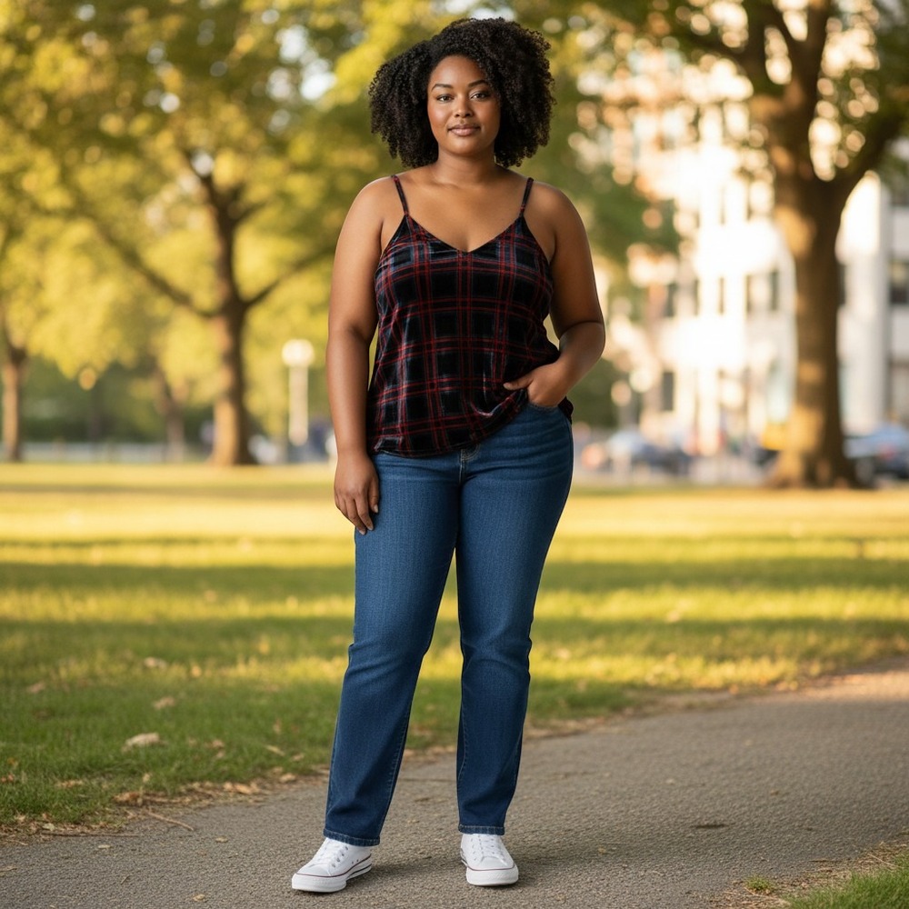 Torrid Sophie Velvet Swing Cami Top Navy Red Plaid Plus Size 5 5X 28 13907464